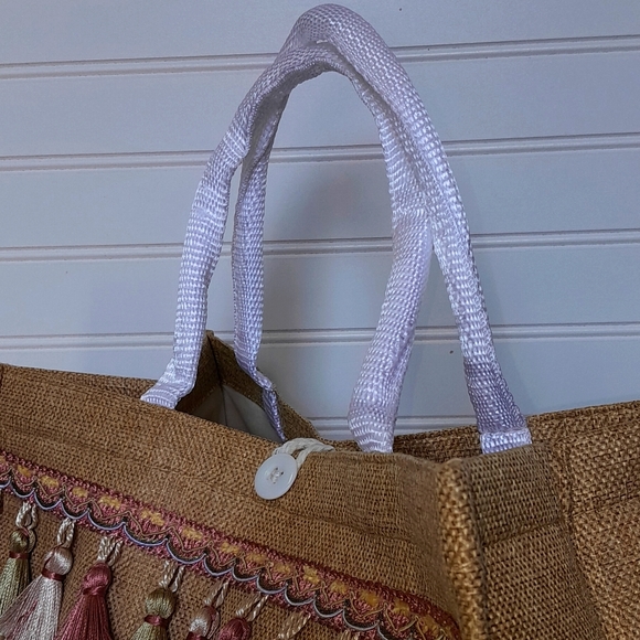 Hello Weekend Linen Look Tassled Canvas Tote Bag - Picture 5 of 12